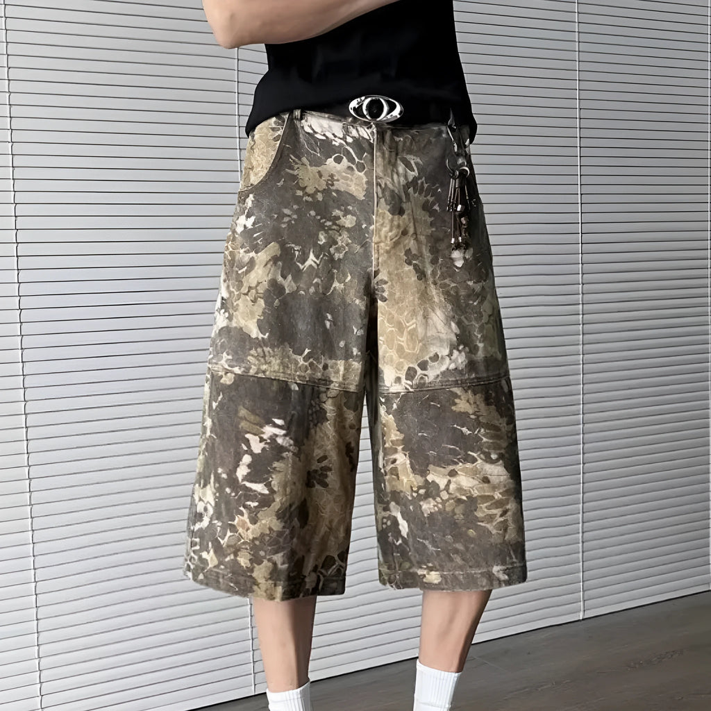 Yellow snake pattern camouflage jeans with cropped leg length on cotton denim