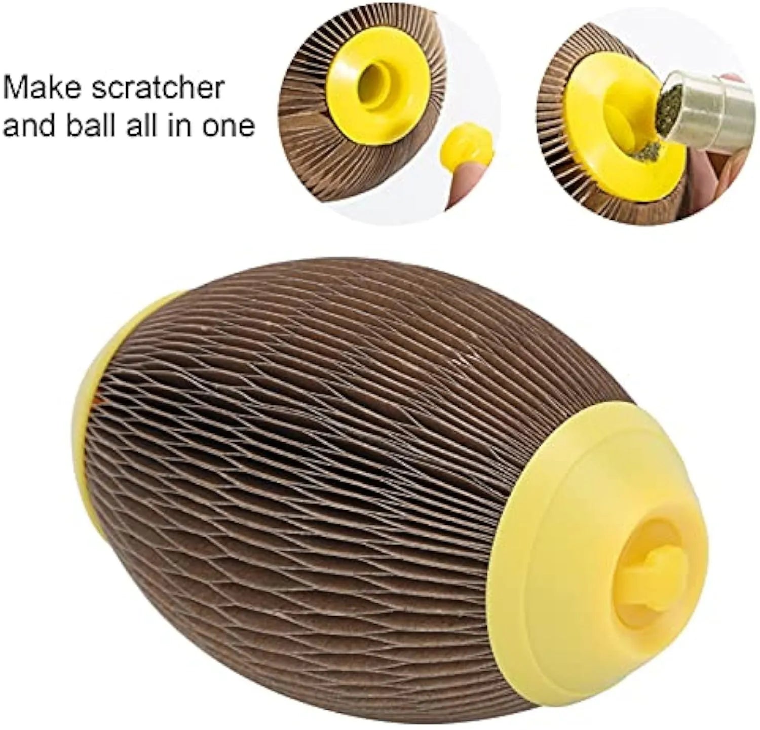 Ellipse-shaped catnip football toy made from brown recycled corrugated paper.