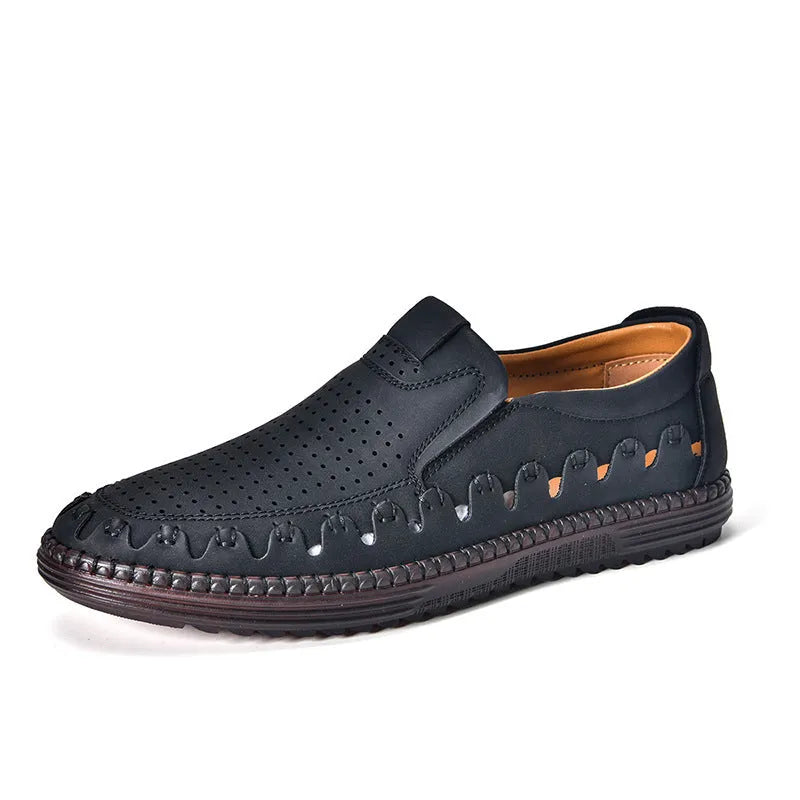 Men's brown slip-on casual shoes with round toe and sewing line details