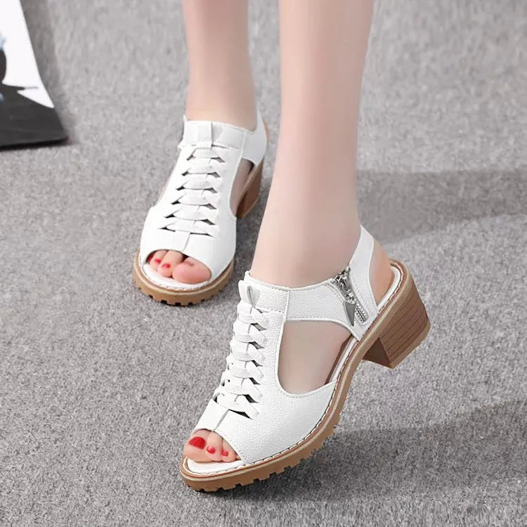 Women's side-zip sandals with mid-heel in black, creamy white, and white colour options