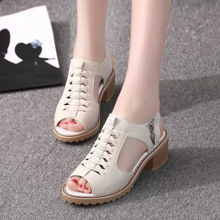 Women's side-zip sandals with mid-heel in black, creamy white, and white colour options