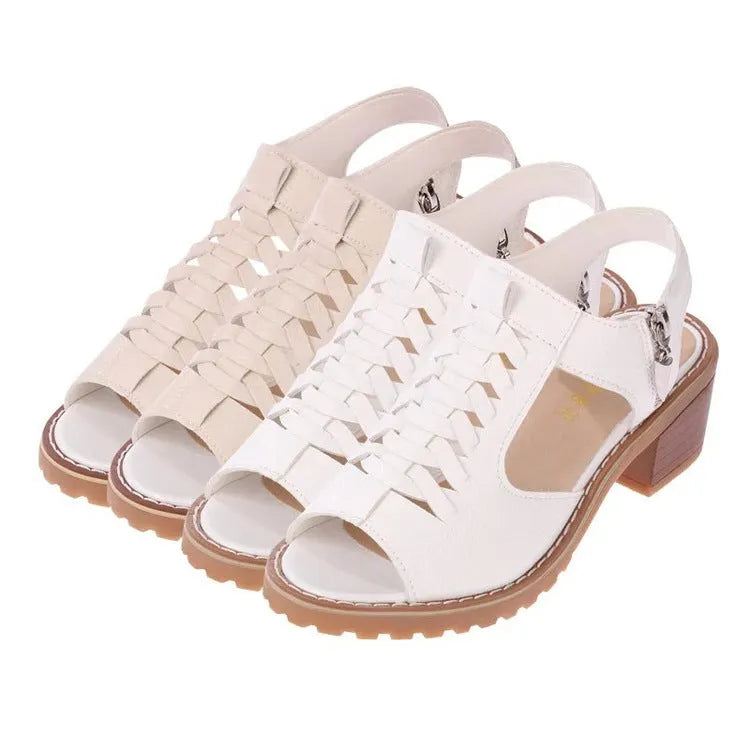 Women's side-zip sandals with mid-heel in black, creamy white, and white colour options