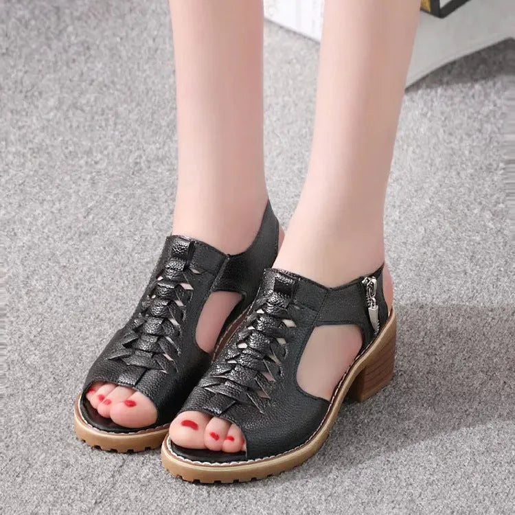 Women's side-zip sandals with mid-heel in black, creamy white, and white colour options