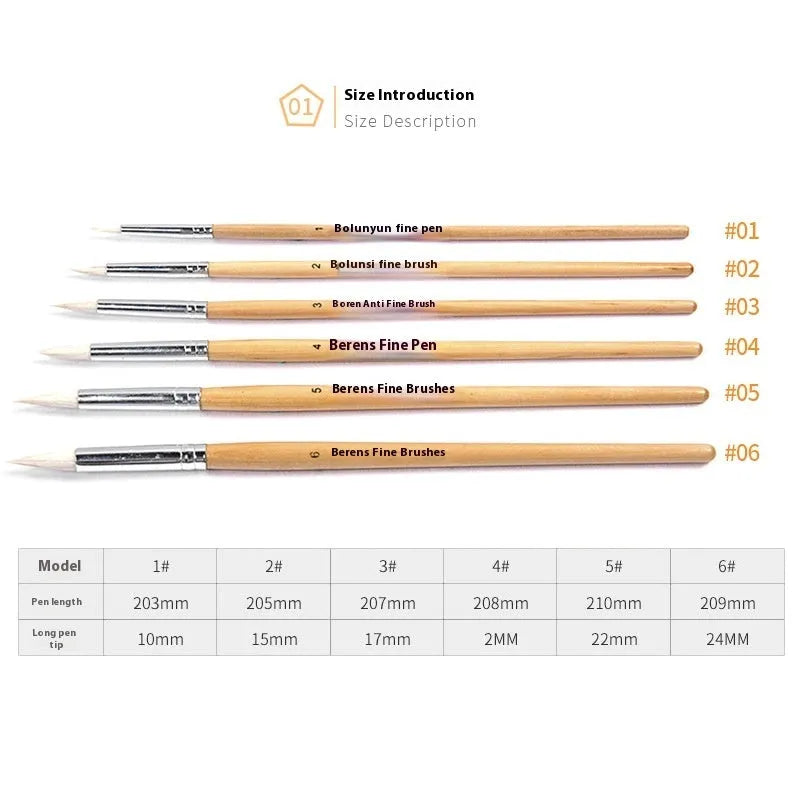 Six wooden-handled pointed pen brushes for wool and fabric crafts laid out together.