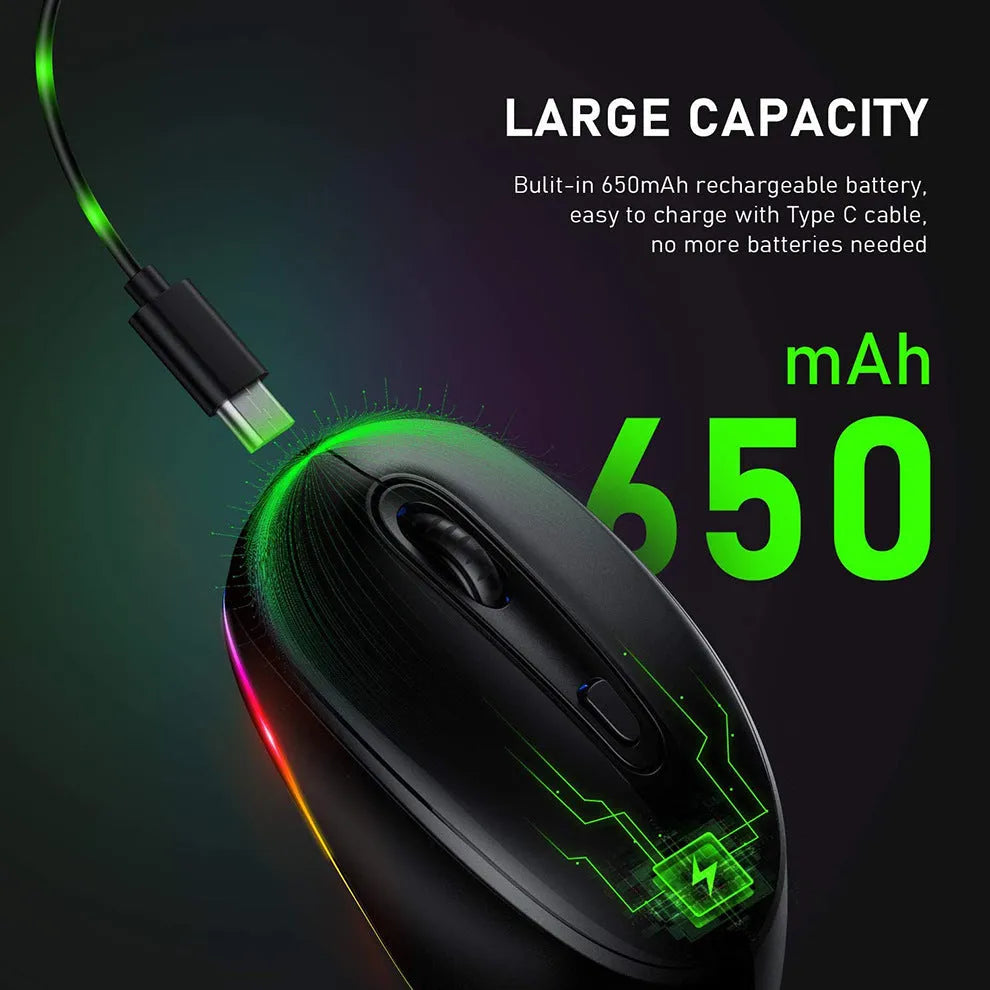 Lightweight 24g wireless mouse with USB charging cable in multiple colour options on a desk.
