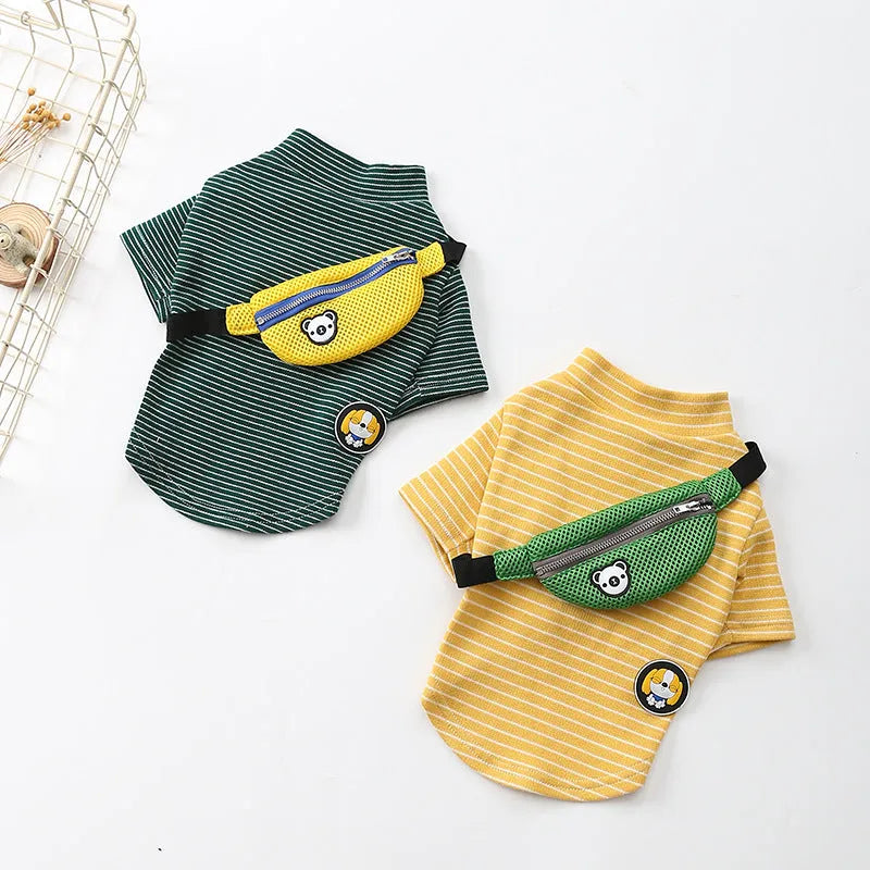 Striped green cotton dog t-shirt costume on pet with casual two-legged design