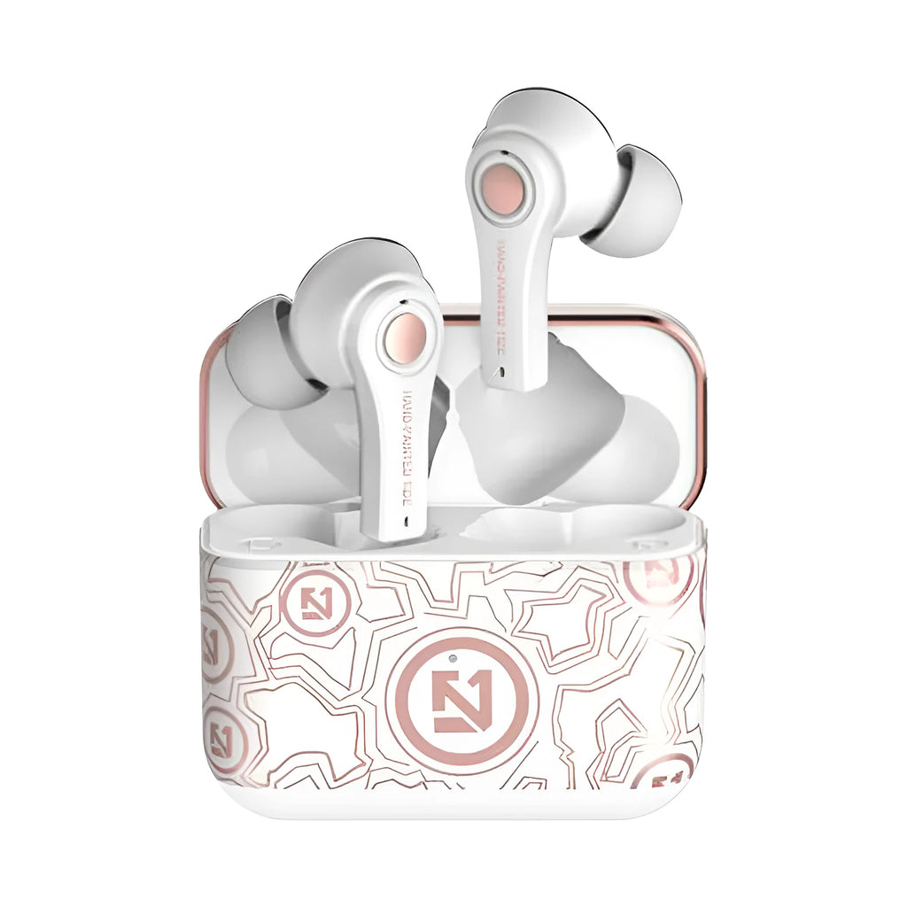 Wireless Bluetooth headset in black or white colours showing head-mounted design