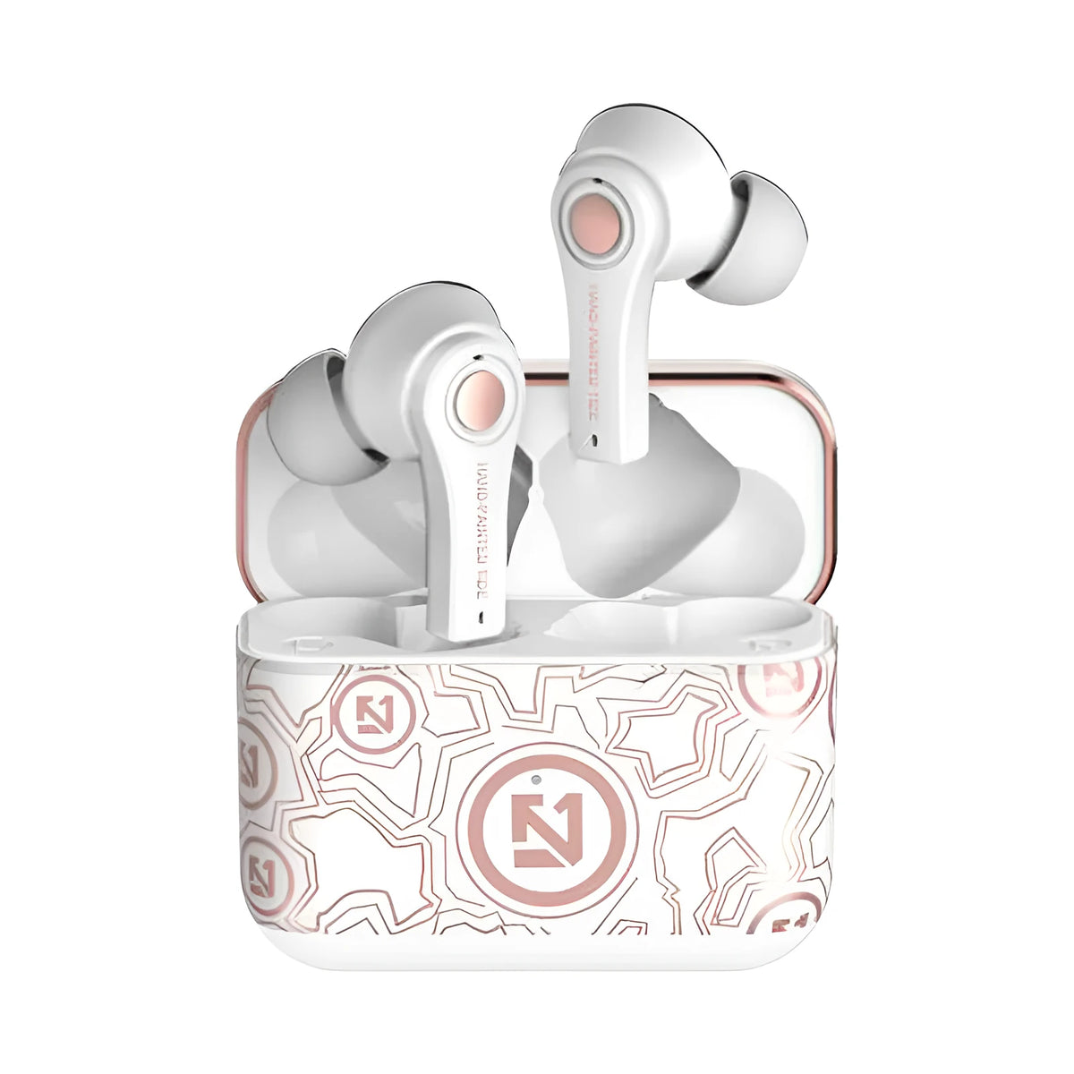 Wireless Bluetooth headset in black or white colours showing head-mounted design