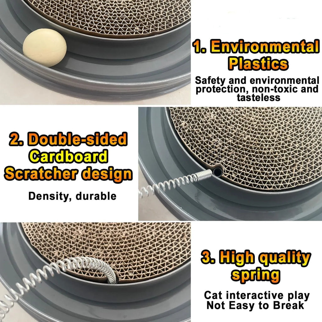Blue circular cat scratcher with ball track and replaceable cardboard scratching surface