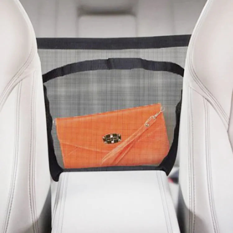 Black car bag mesh storage hanging bag, 25x16.5x3.8cm, nylon and mesh material, hanging on a car seat back.