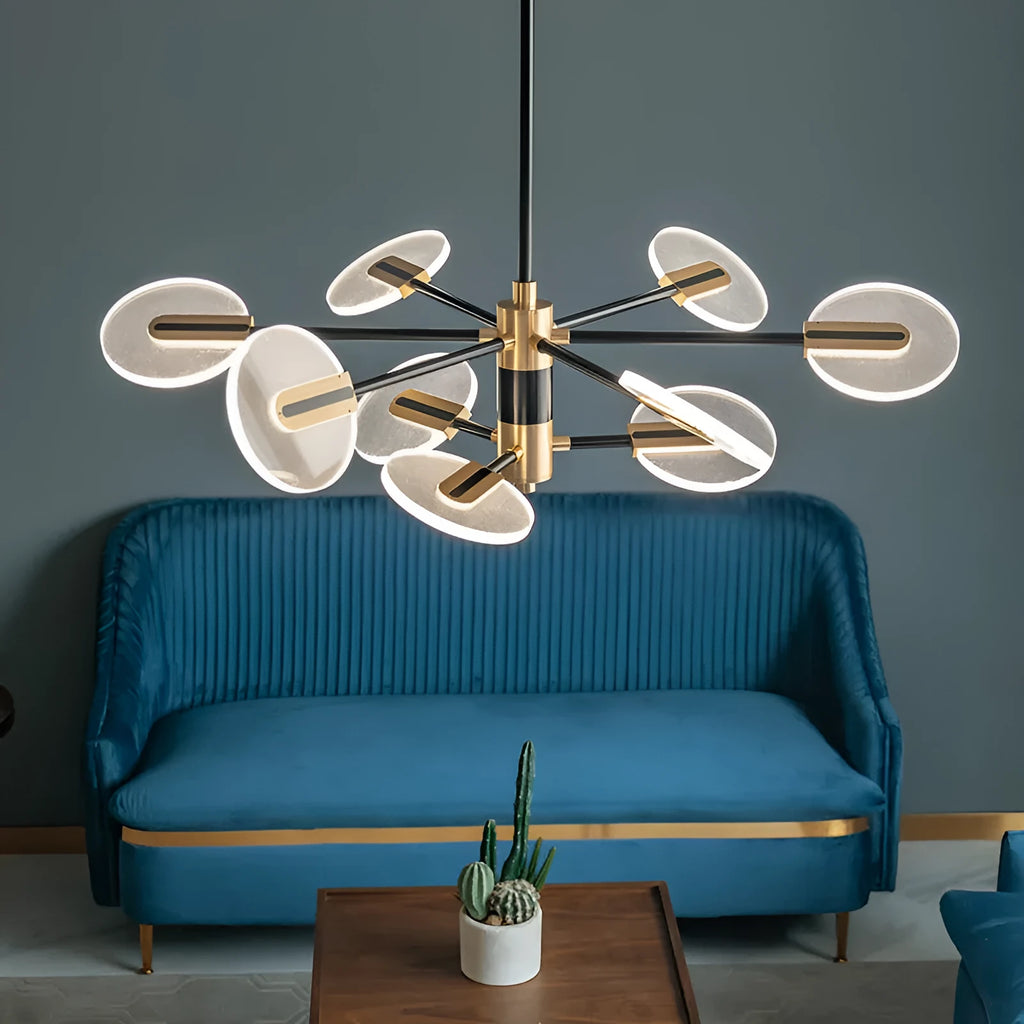 Nordic style iron frame LED chandelier with multiple heads and acrylic diffuser shades.