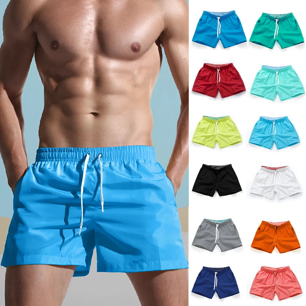 Men's straight leg beach shorts in polyester available in multiple colours and plus sizes.