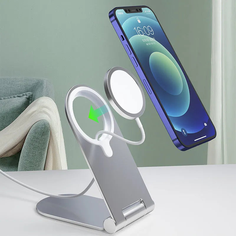 Silver vertical adjustable magnetic phone bracket for iPhone 12 series showing 105mm x 110mm dimensions