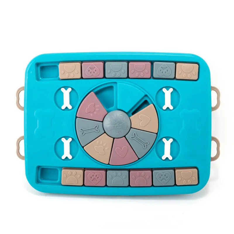 Blue interactive dog puzzle toy with four switches and sliding panel on anti-skid base