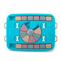 Blue interactive dog puzzle toy with four switches and sliding panel on anti-skid base