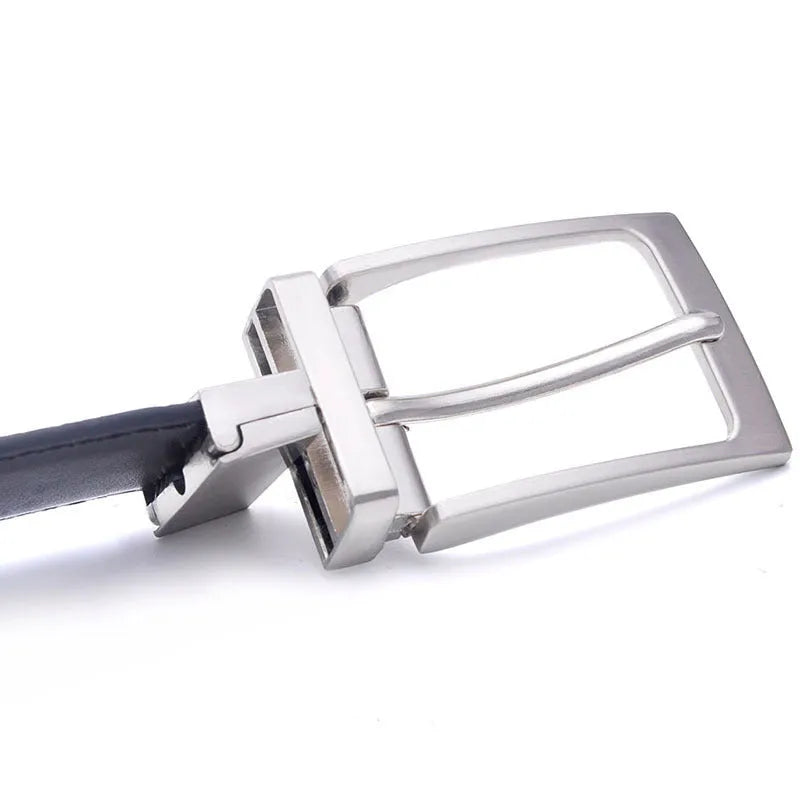 Men's dark brown and black leather belt with a silver alloy rotating pin buckle.