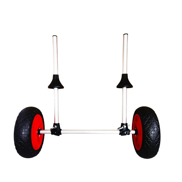 Foldable kayak trailer with aluminium frame and upright platform for transporting open kayaks