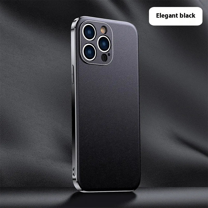Genuine leather iPhone case with Napa texture, anti-fall and anti-fingerprint, in black, light blue, dark green, light purple and orange.