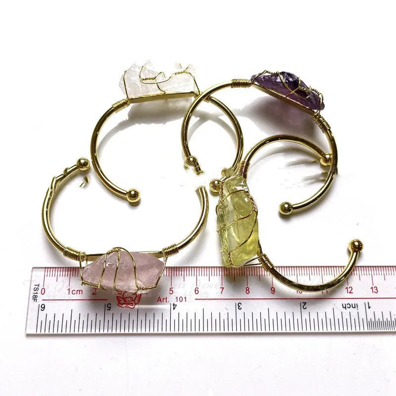 Natural crystal rough stone bracelet with gold geometric winding wire in bohemian style