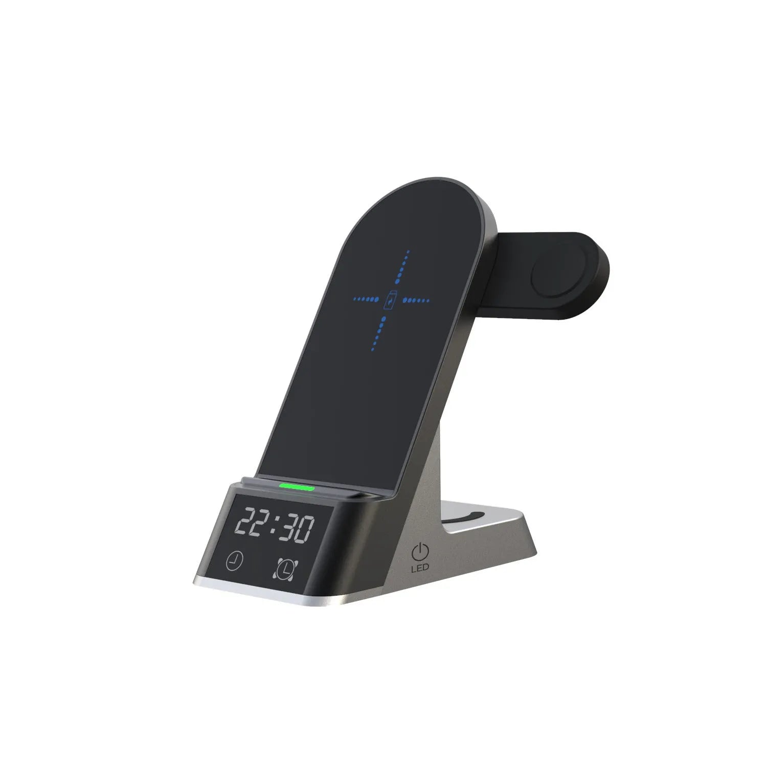 Black multifunctional wireless charging alarm clock with six ports showing smartphone on charging pad
