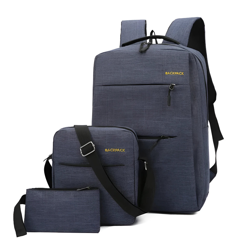 Men's three-piece computer bag set with USB charging port in wine red, black, grey, or navy blue nylon