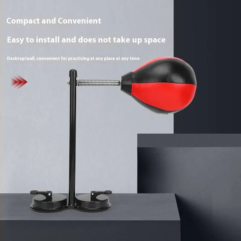 Pear-shaped inflatable boxing training ball with double suction cup mount and red-black colour design