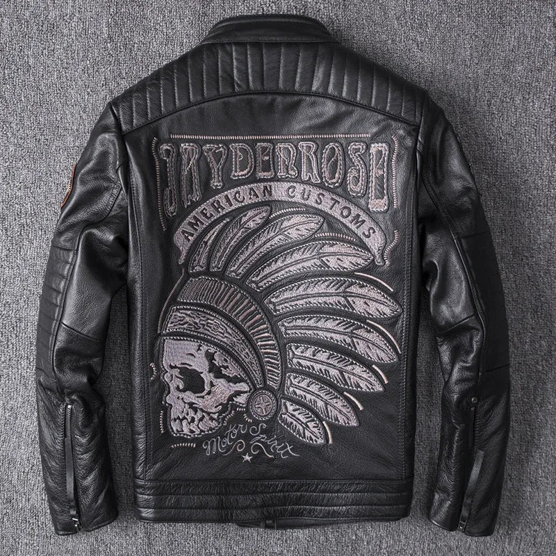 Men's stand collar genuine leather motorcycle jacket with skull pattern in black