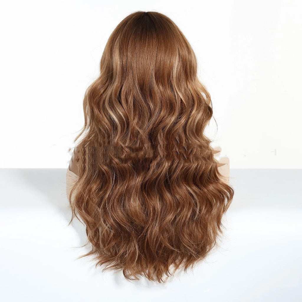 Full-head chemical fibre fringe wig with brown highlights and long curly hair in SWLC8327-1BL24 colour
