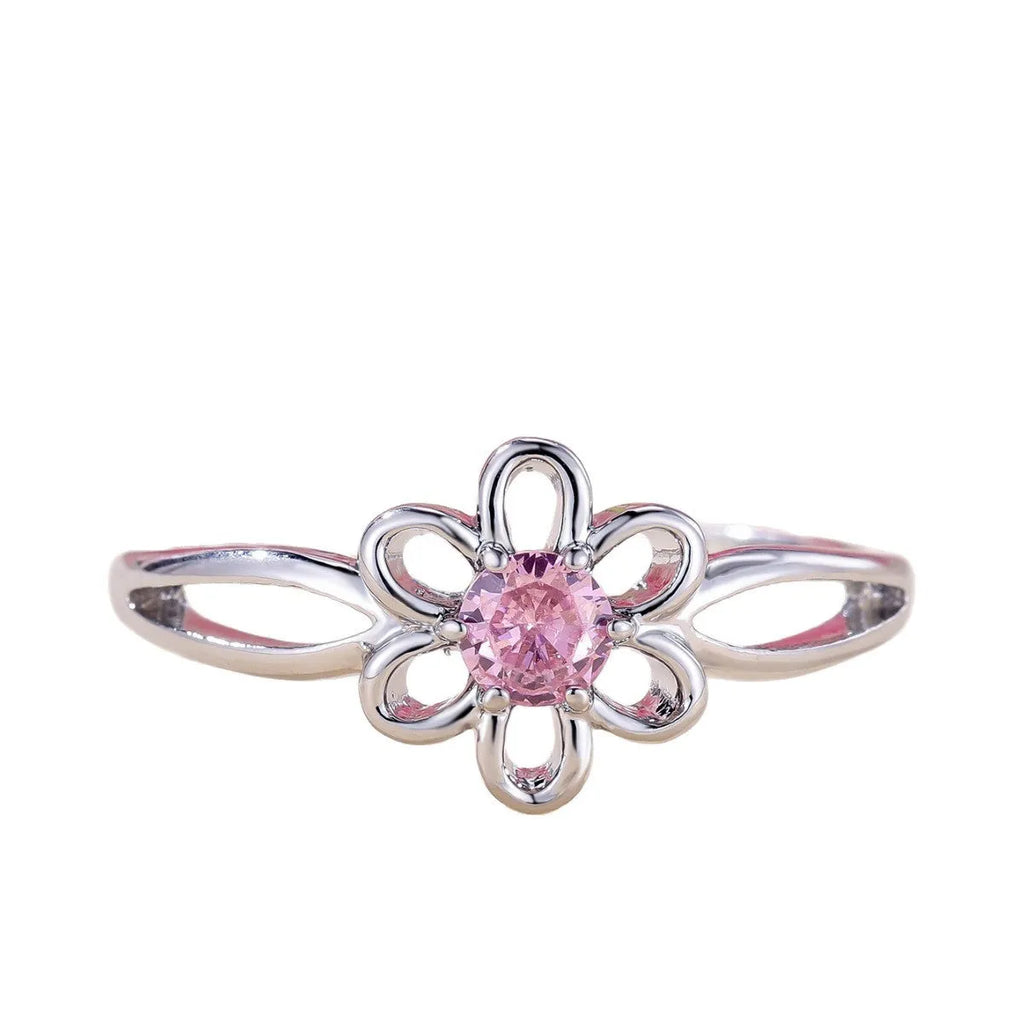 Copper flower hollow fashion ring with platinum pink diamond electroplated finish