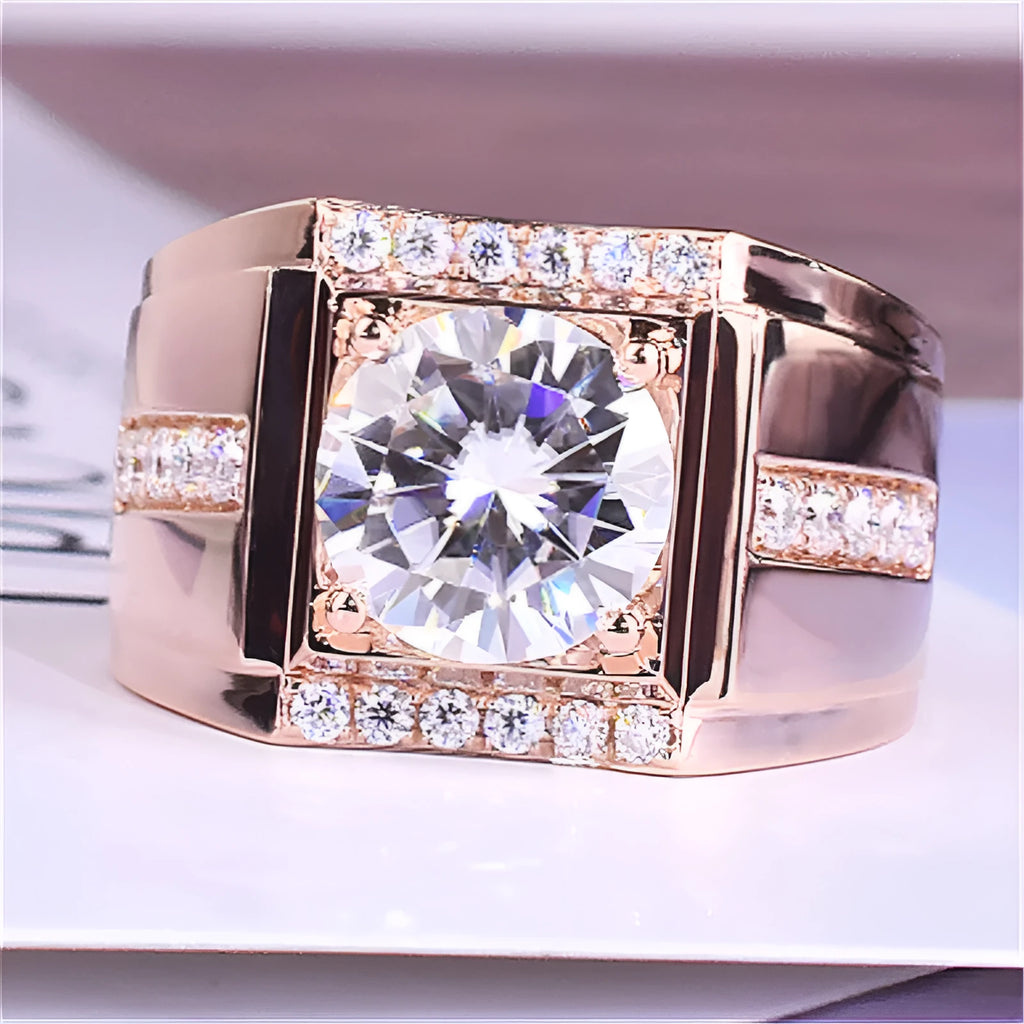 Men's adjustable copper imitation moissanite ring in rose gold, gold, or platinum colour.