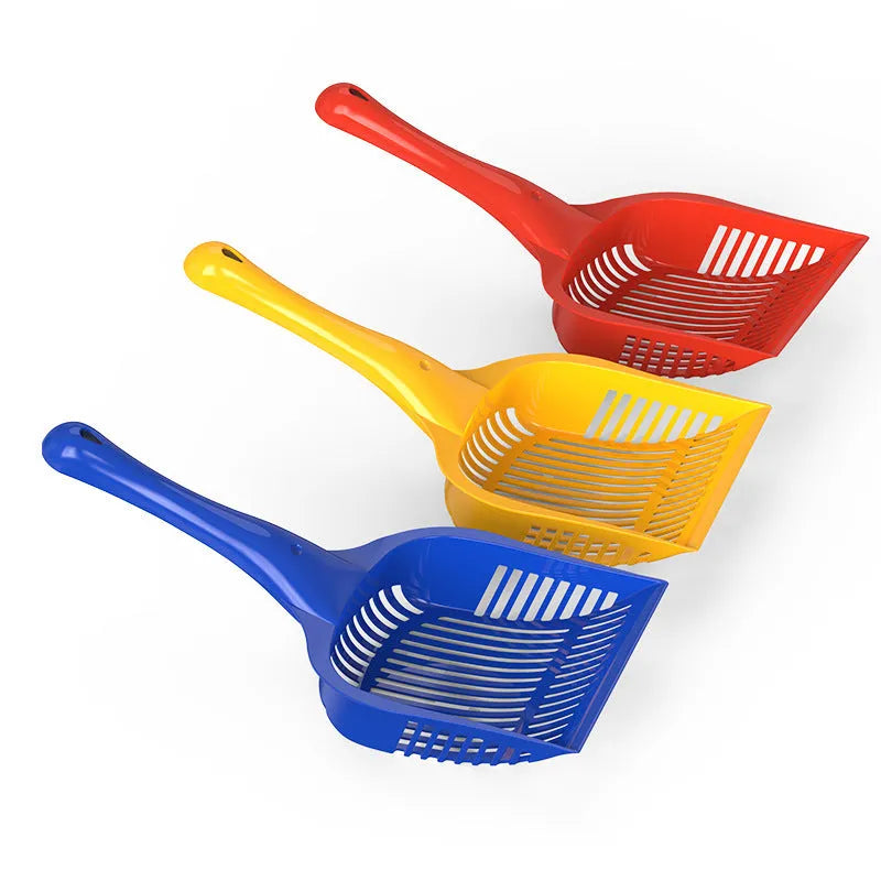 Red, yellow and blue plastic cat litter scoops in small and medium sizes for pet toilet cleaning