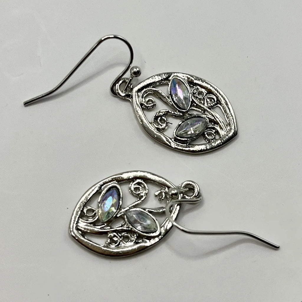 Silver colour leaf-shaped alloy earrings with embedded colourful moonstone centrepieces