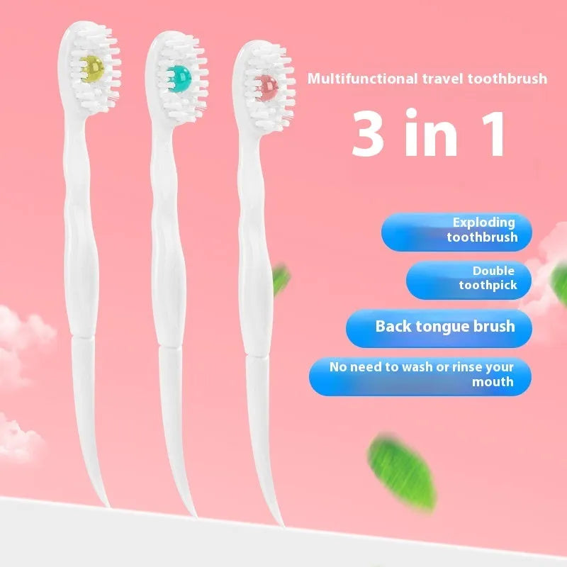 Box of 20 disposable bead toothbrushes with coloured packaging indicating mint, peach, and plum green tea flavours.