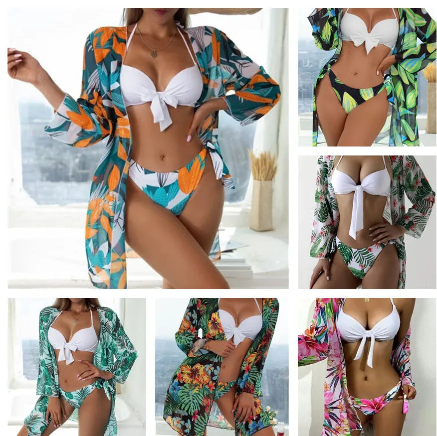 Women's three-piece mesh bikini swimsuit set with cover-up coat in quick-dry polyester