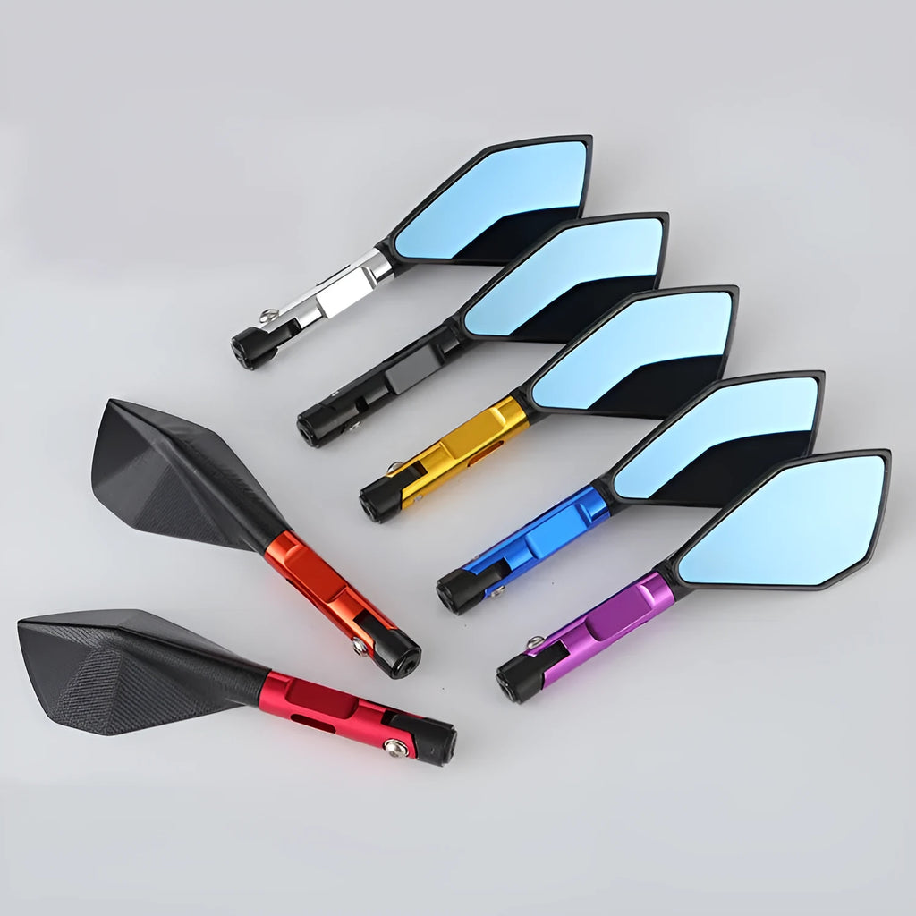 Pair of CNC aluminium motorcycle rearview mirrors with 180mm reflector, anodised finish, and universal thread adaptors