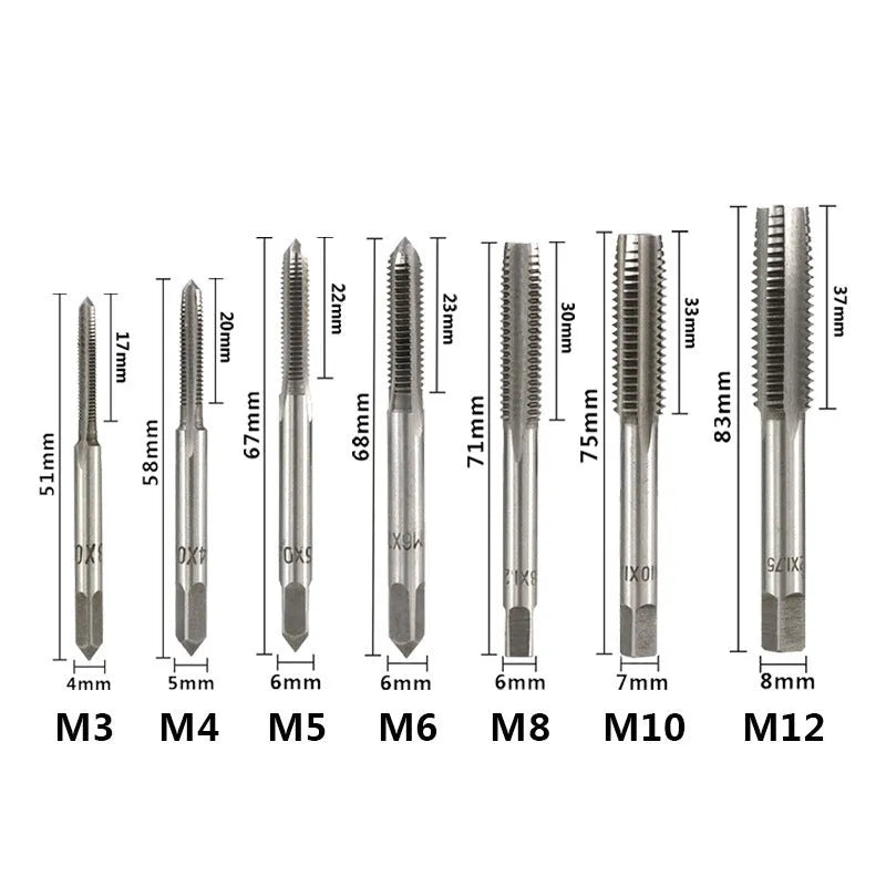 8-piece metric hand tap set M3 to M12 with holder and hinge in storage case