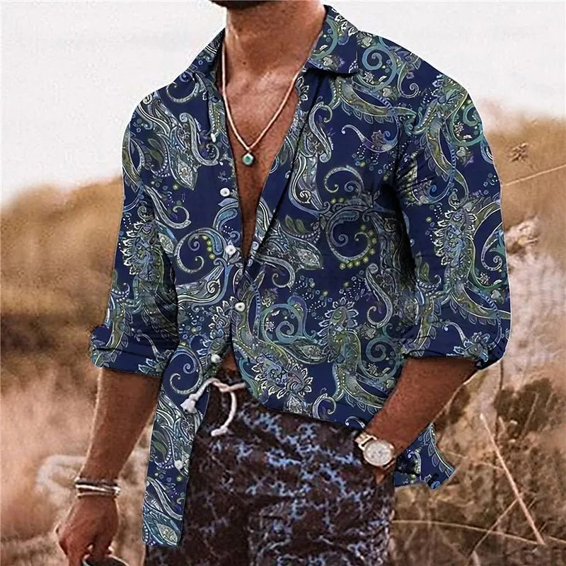 Men's loose fit long sleeve shirt featuring a detailed 3D digital print floral pattern in multiple colours.