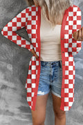 Women's long loose fit plaid cardigan coat in polyester, shown in available colours