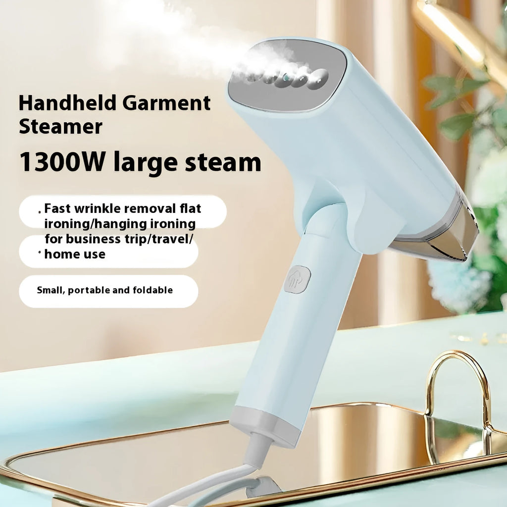 Handheld garment steamer in blue or white colours with 1300W power rating and compact design