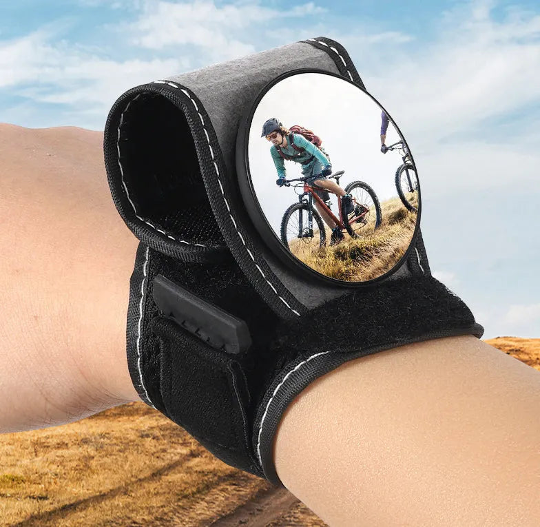 Black nylon wrist-mounted cycling rearview mirror with adjustable arm