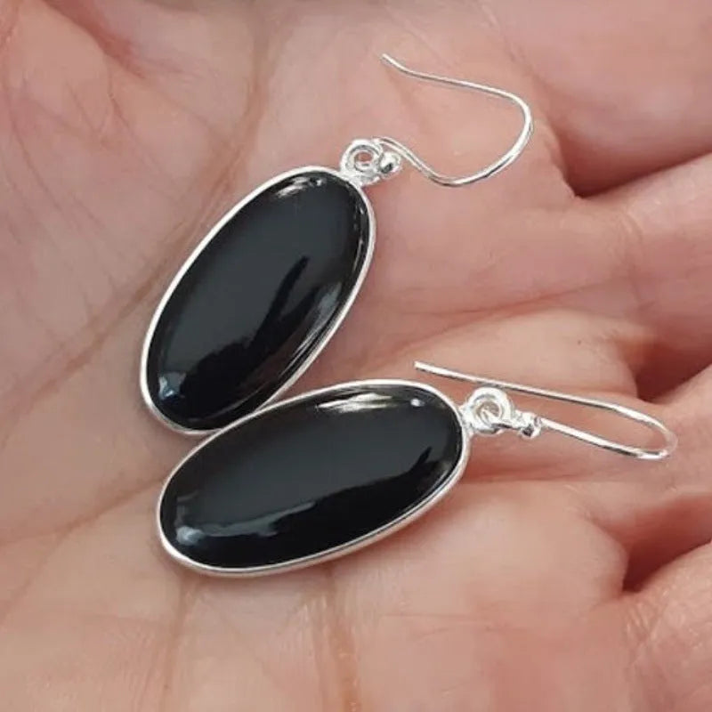 925 silver women's earrings with oval black agate pendants in geometric Chinese style design
