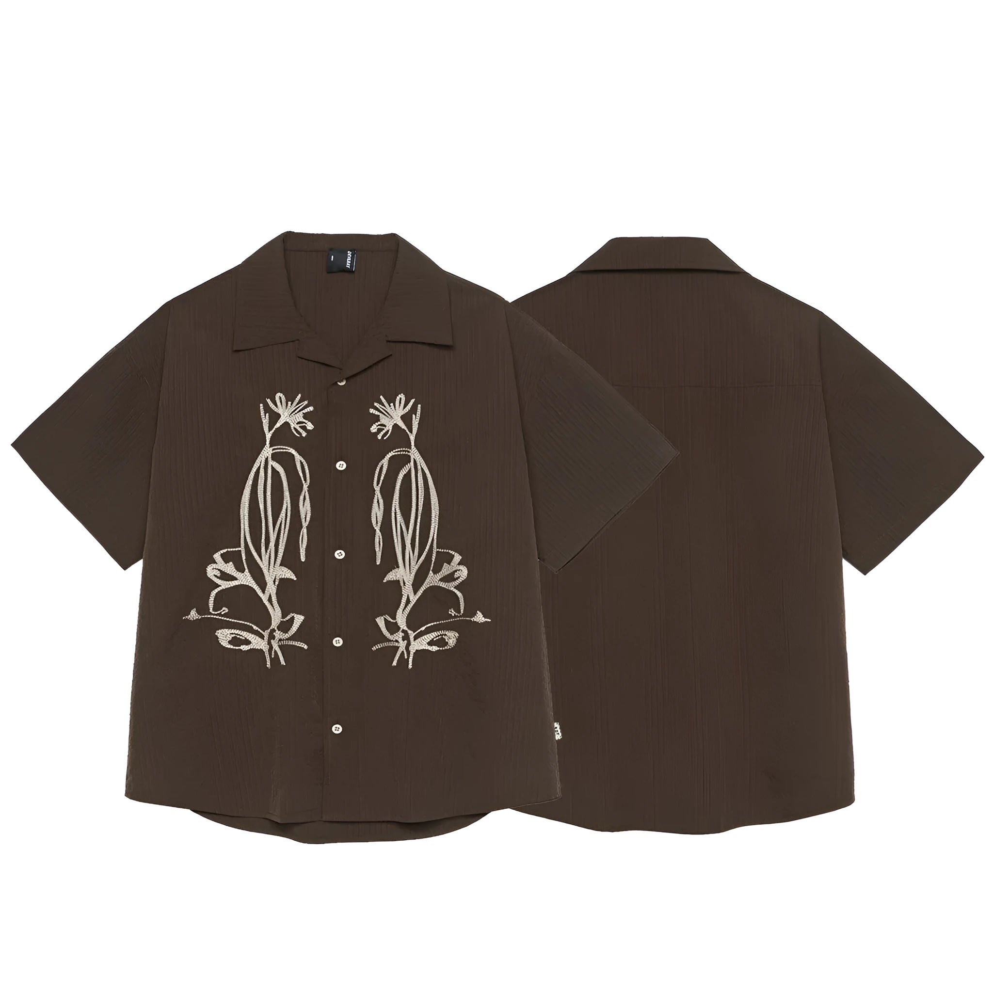 Brown coffee stripe outdoor shirt with Cuban collar and short sleeves.