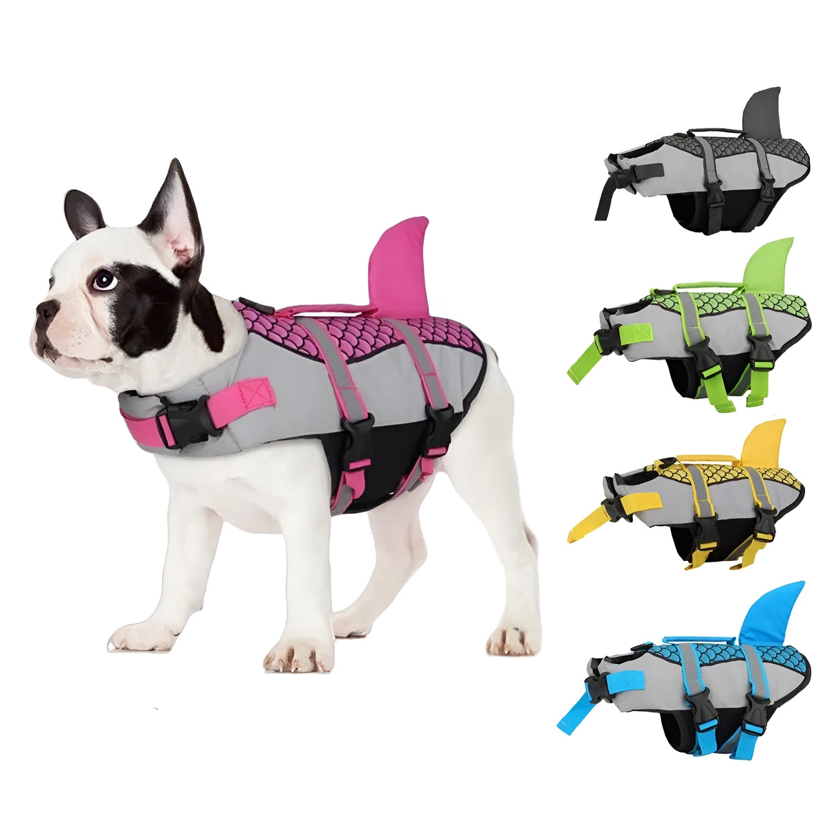 Dog life jacket vest in blue with back lift handle and metal leash ring, ripstop Oxford cloth and EPE filling.