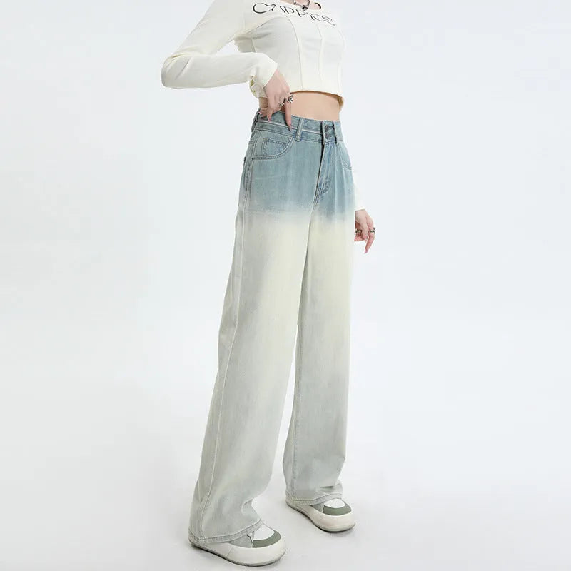 Women's gradient blue straight-leg wide trousers made from cotton denim fabric