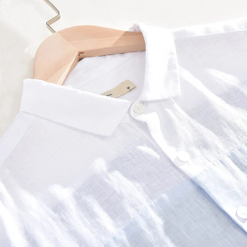 Men's white linen patchwork short sleeve shirt with square collar and loose cardigan-style fit, sizes M to 3XL.