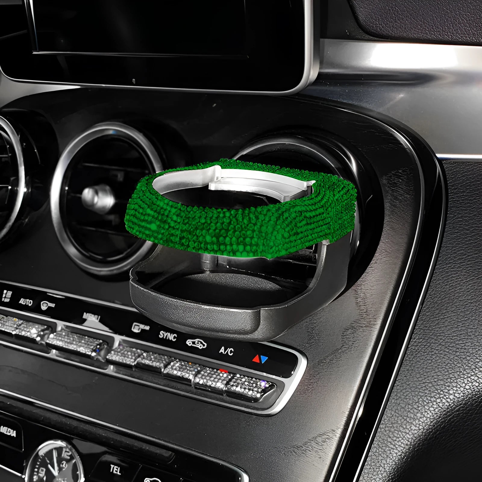 Car air vent cup holder bracket with rhinestone decoration in white diamond pattern