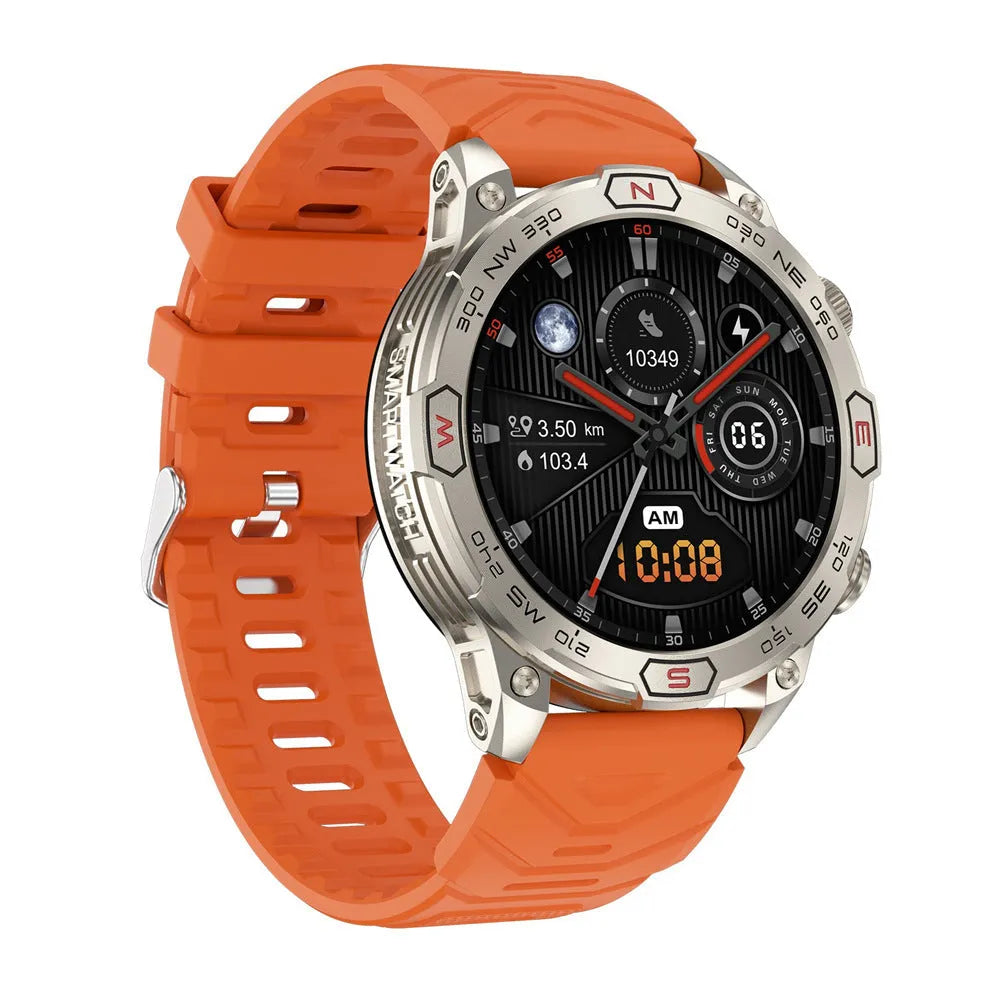 Sports smartwatch with AMOLED display in black, orange, or camouflage colours showing fitness metrics