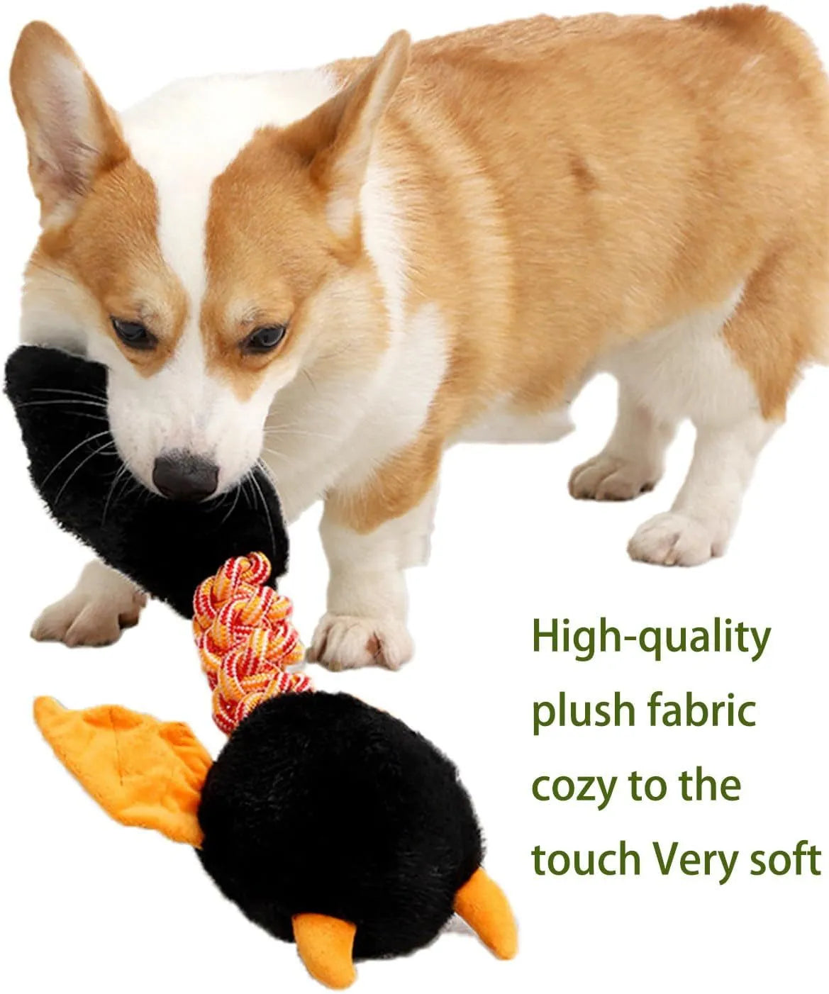 Cartoon-shaped plush dog toy with a rope knot in black, green, or red