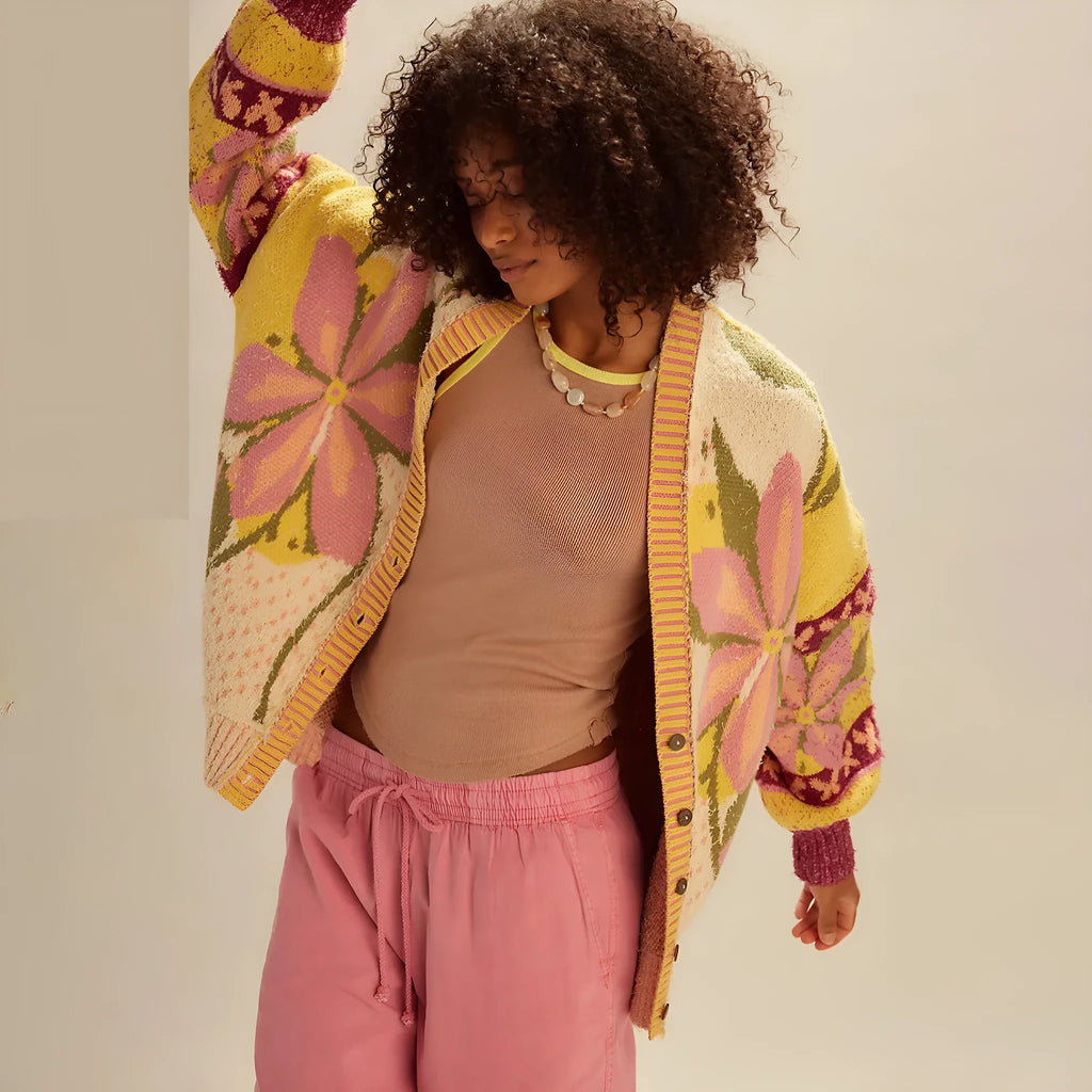 Women's abstract print lapel loose long sleeve sweater knitwear in pictured colour, one size