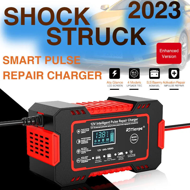Red US standard car battery charger for lead-acid batteries with reverse connection protection, 213x110x64mm